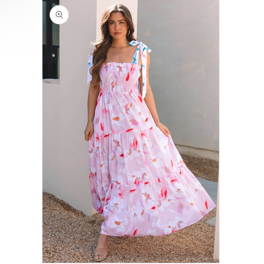 Never Worn White and Pink Ruffled Smocked Maxi Sundress with pockets